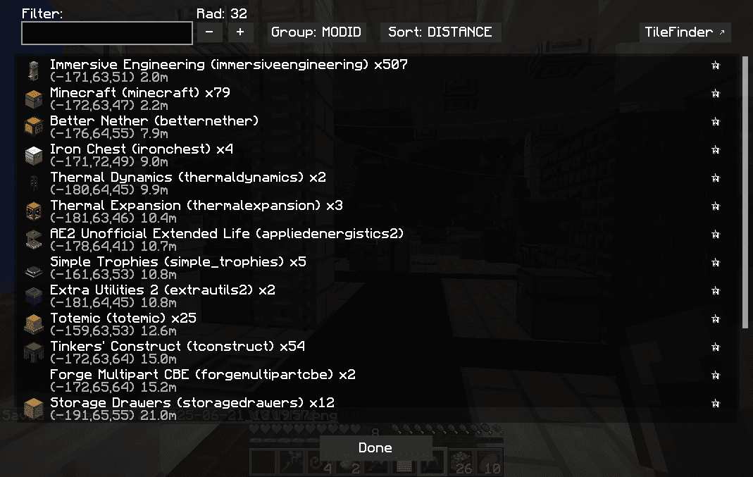 Screenshot of the TileFinder UI grouped by mod